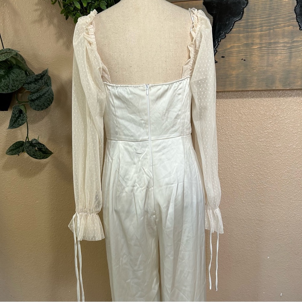 NWOT Lulus Gracefully Modern Ivory Satin Mesh Long Sleeve Bustier Jumpsuit - Picture 5 of 8